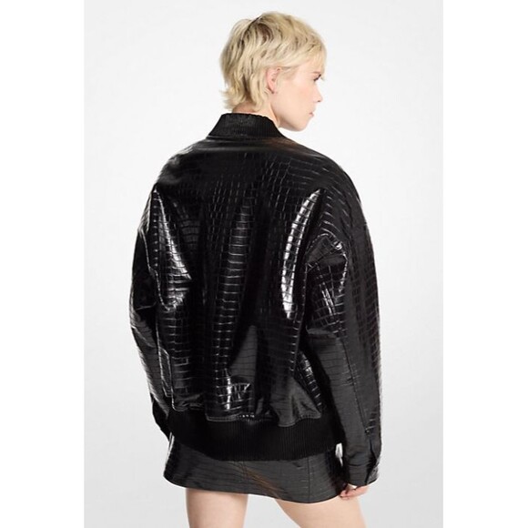 BLACK CROCODILE EMBOSSED REAL LEATHER WITH FAUX FUR HOODIE BOMBER JACKET MEDIUM - Picture 2 of 2